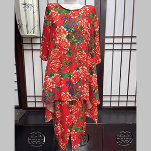 东北大花布衣服网红纱套装短袖七分裤二人转夏季民族风舞蹈秧歌服