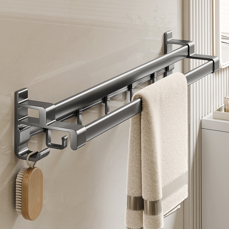 免打孔毛巾架双杆枪灰太空铝带钩浴室毛巾杆阳极氧化挂毛巾收纳杆