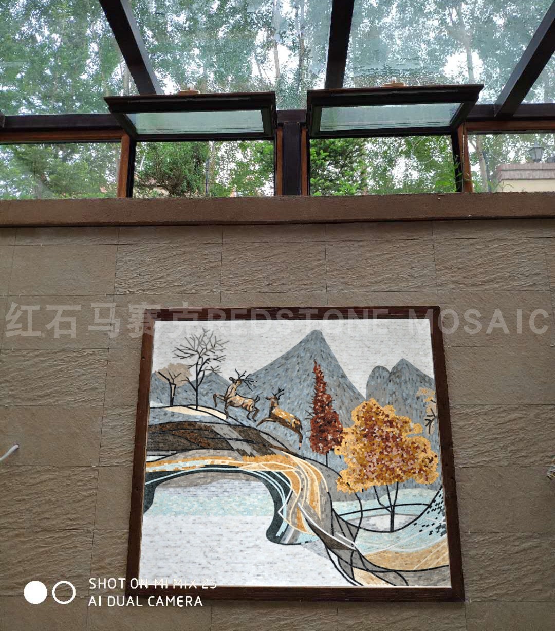 天然大理石材马赛克拼图壁画 背景墙装饰 玄关餐厅新中式山水风景图片