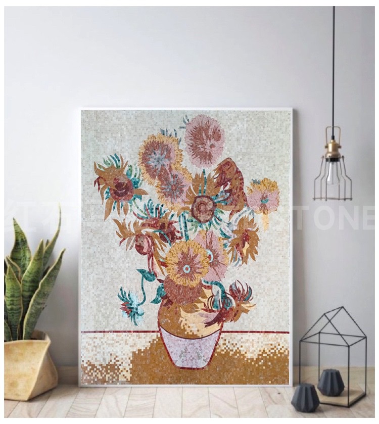 天然大理石材马赛克手工拼图壁画 背景墙装饰 花园玄关餐厅向日葵图片