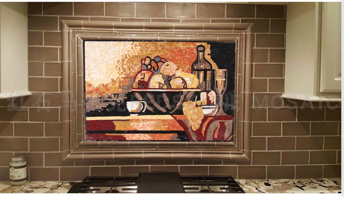天然大理石材马赛克拼图手工艺术壁画 户外阳台餐厅厨房背景装饰图片