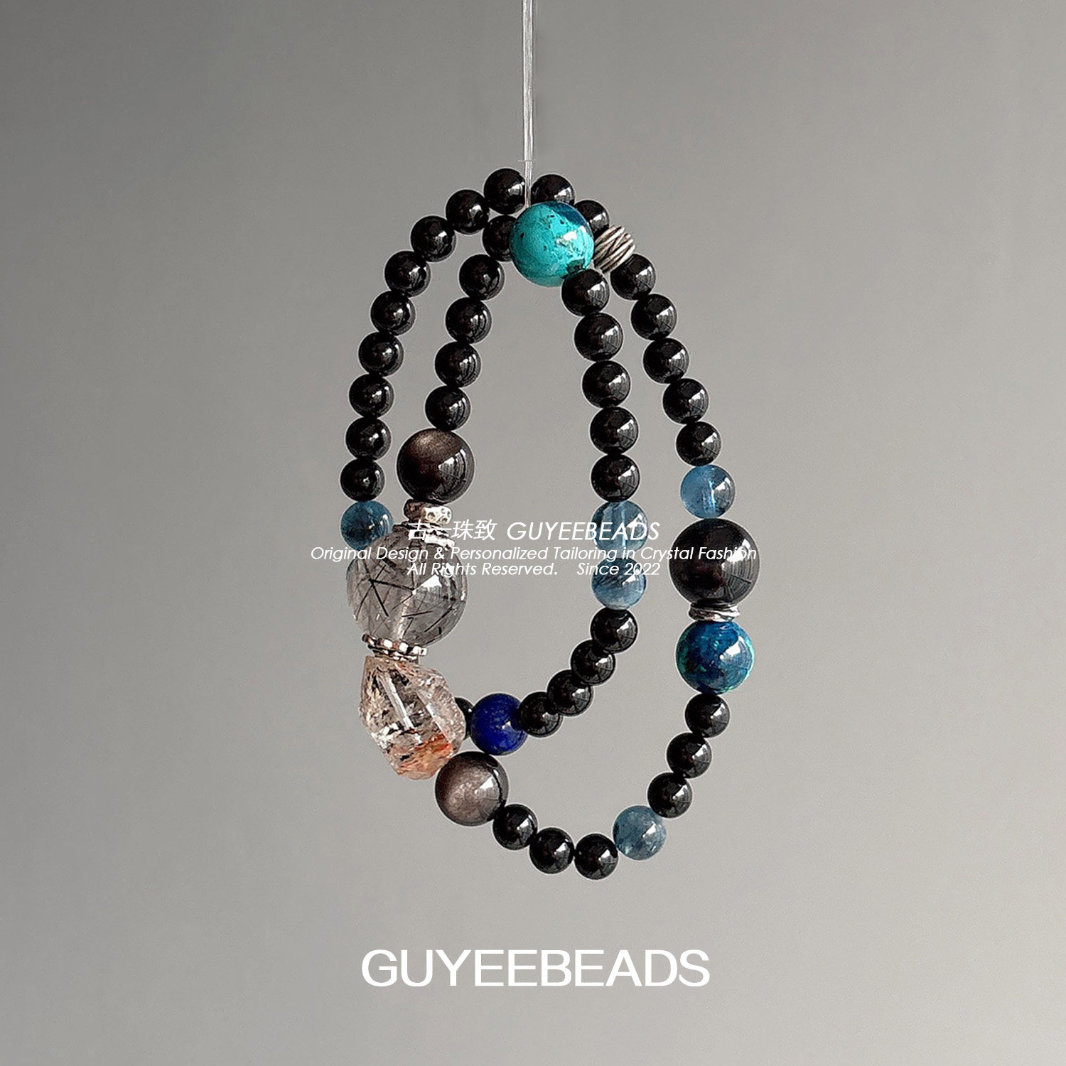 【水下】喜水 古一珠致原创五行系列黑碧玺海蓝宝凤凰松发晶手串