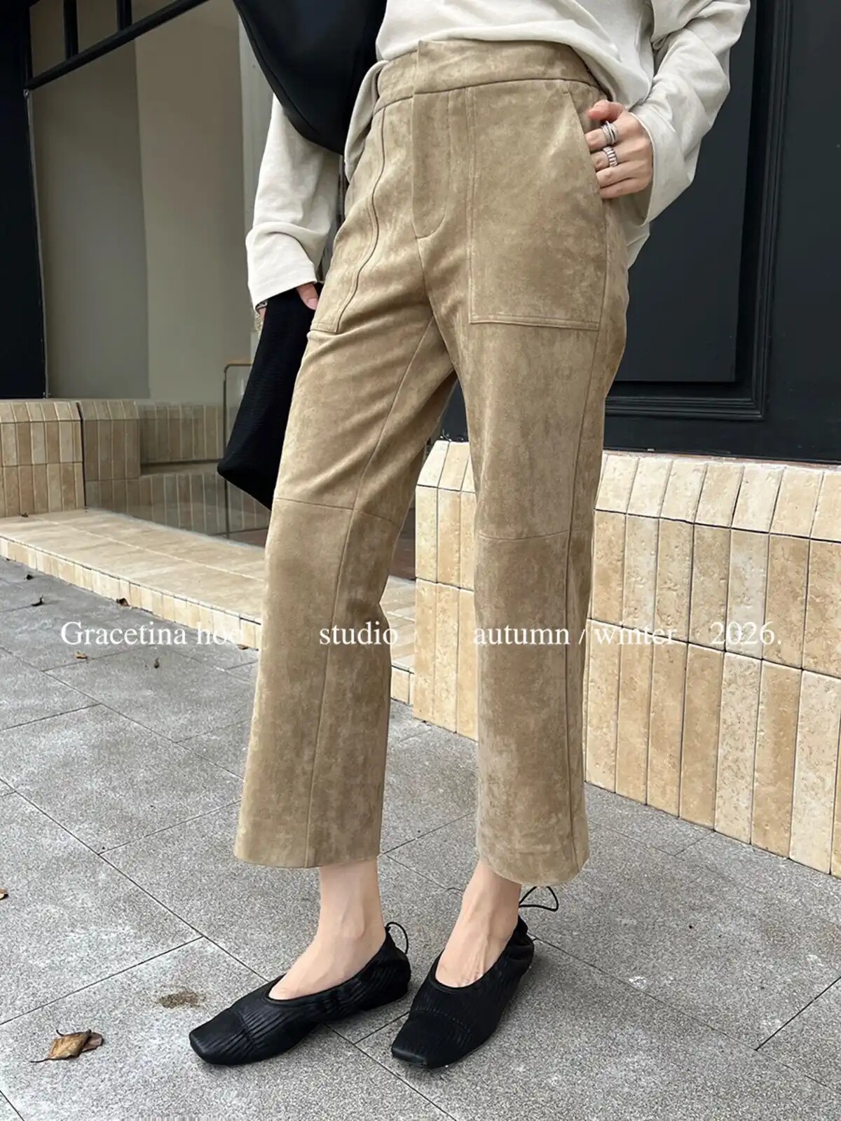 法式仿鹿皮绒直筒休闲裤女立体分割设计感九分裤慵懒通勤裤子