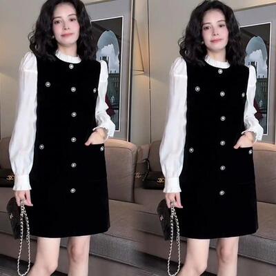 法式小个子洋气拼接假两件连衣裙