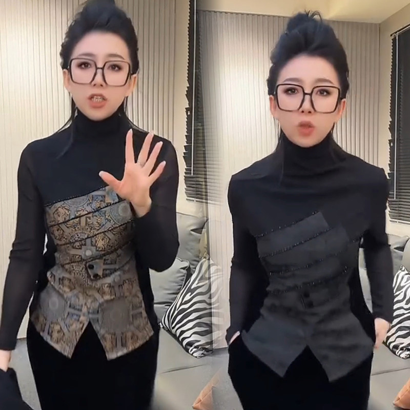 新中式重工串珠锦缎提花拼接衬衫女秋冬季新款半高领纱袖丝绒小衫