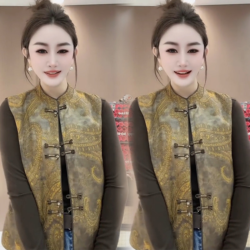 新中式国风提花马甲女秋冬季立领盘扣复古气质高级感提花坎肩上衣