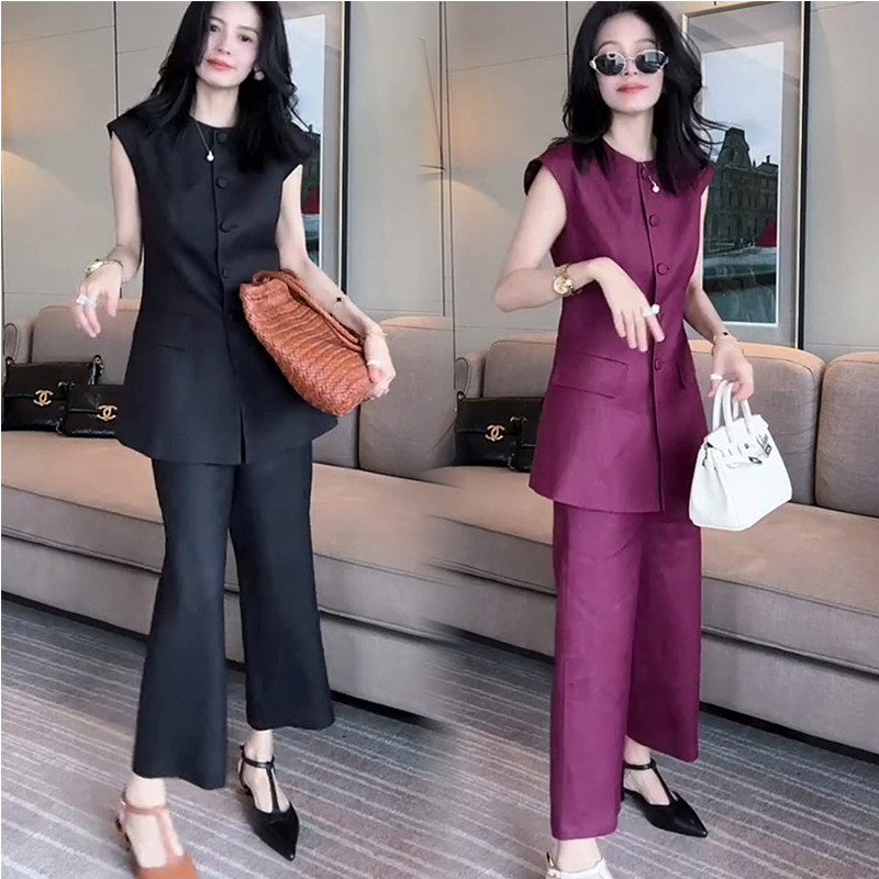 网红高级感休闲时尚套装女2025夏圆领无袖百搭马甲+微喇裤两件套,女装/女士精品,时尚套装,淘宝优惠券,粉丝福利购,淘宝优惠卷