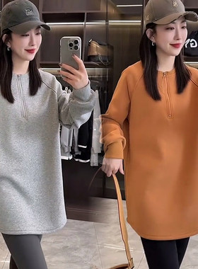 冬季加绒半拉链中长款卫衣女显瘦