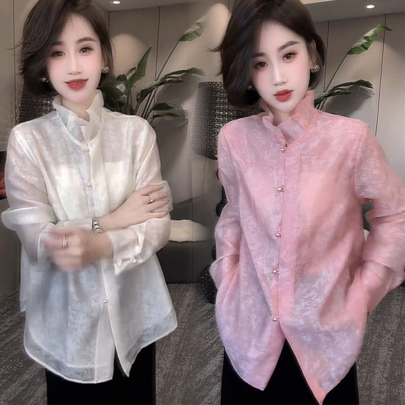 法式立领提花长袖衬衫女2026春新款花边领单排扣气质百搭显瘦上衣