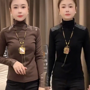 拼接PU皮上衣高级感打底衫 欧货时尚 新款 T恤女秋冬季 上衣 高领长袖