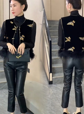 丝绒绣花国风马甲短外套女