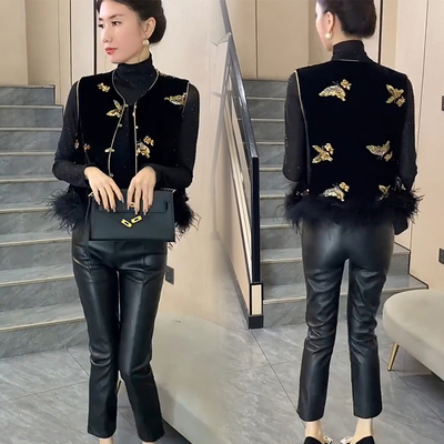 丝绒绣花国风马甲短外套女