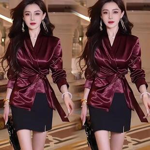 系带收腰衬衫 御姐风优雅减龄时尚 上衣搭配短裙潮 气质时尚 网红新款