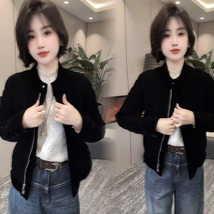 丝绒拉链开衫 菱形格立领棉袄女时尚 宽松百搭外套上衣潮 新款 秋冬季