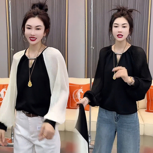 法式时尚洋气V领钉珠衬衫女2025春新款百搭显瘦雪纺拼接长袖上衣