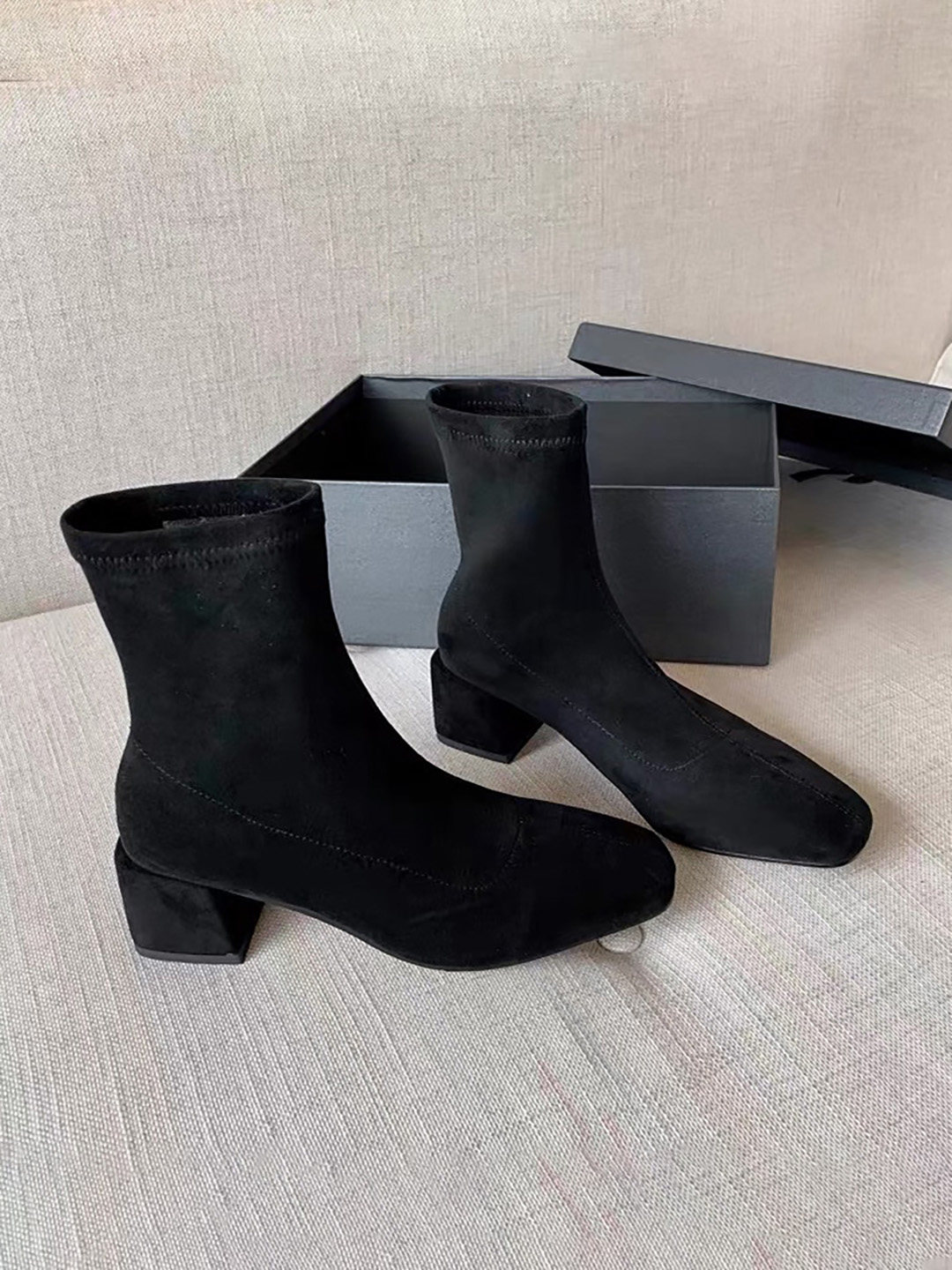 SKINNY BOOTS WOMENS ANKLE BOOTIES BLOCK HEEL MARTIN BOOTS FALL|WINTER 2023 NEW BLACK SUEDE SQUARE TOE SUEDE HEELS ANKLE BOOTS
