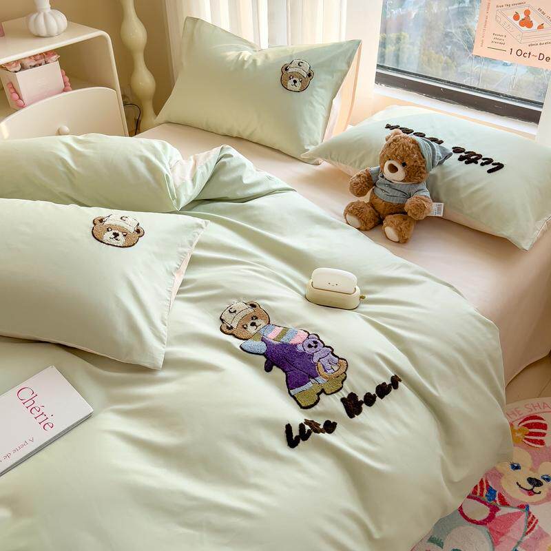 100全棉四件套儿童卡通毛巾绣纯棉床品宿舍床单三件套被套罩床笠4