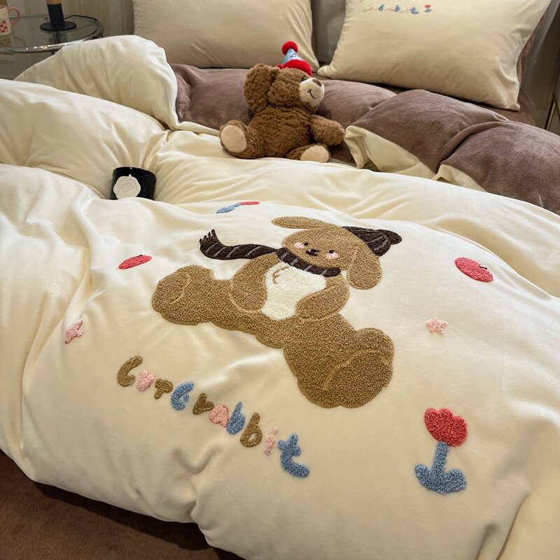 卡通牛奶绒四件套冬季加厚珊瑚绒加绒被套儿童床单三件套床笠床品
