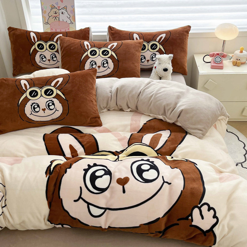 卡通牛奶绒四件套冬季加厚保暖法莱绒被套单人三件套双面加绒