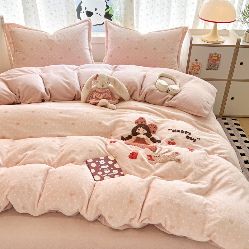 冬季牛奶绒床上四件套双面加厚加绒被套珊瑚法兰绒可爱毛巾绣床品