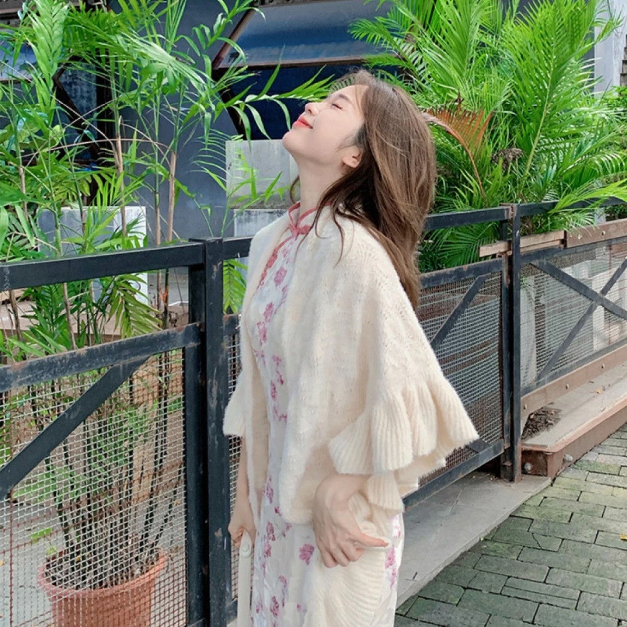 复古甜美荷叶边披肩女白色针织外套斗篷薄款百搭旗袍小开衫小披肩