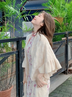 复古甜美荷叶边披肩女白色针织外套斗篷薄款百搭旗袍小开衫小披肩