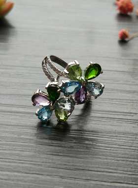 【寂寞五岁】双生花～多彩水晶精镶银戒