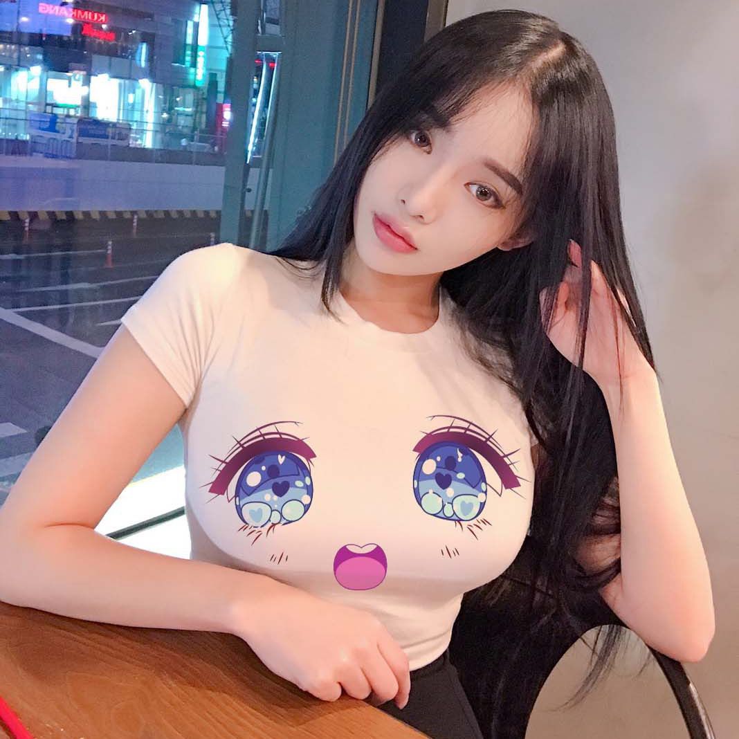 小版小款甜酷纯欲风修身辣妹联名卡通大眼睛冰丝t恤短袖上衣女夏