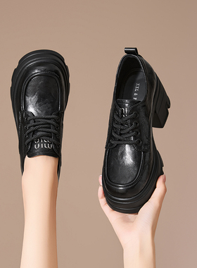 香香莉8cm增高小皮鞋女秋2025年新款英伦风小个子厚底乐福鞋31075