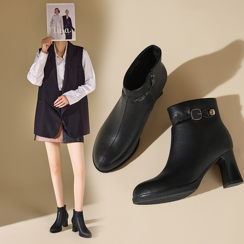 香香莉高跟短靴女2025新款英伦风百搭靴子加绒瘦瘦靴棉靴冬032366