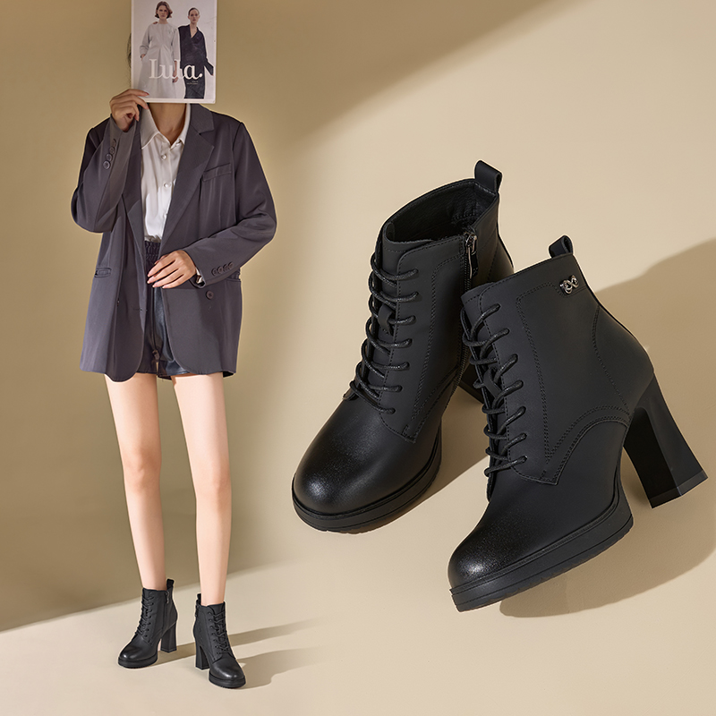 香香莉高跟短靴女2025冬季新款英伦风百搭加绒瘦瘦靴棉靴子032361