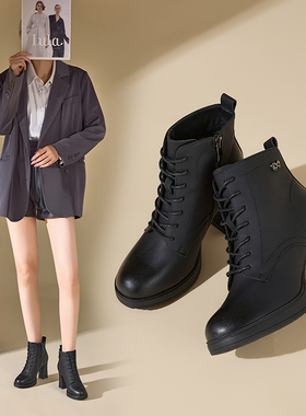 香香莉高跟短靴女2025冬季新款英伦风百搭加绒瘦瘦靴棉靴子032361