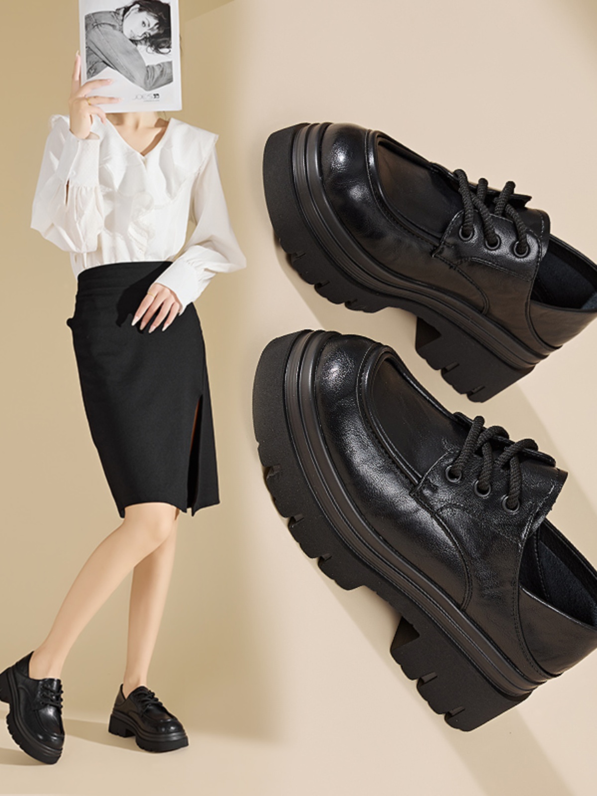 香香莉厚底增高小皮鞋女2025年新款英伦风百搭一脚蹬乐福鞋029030