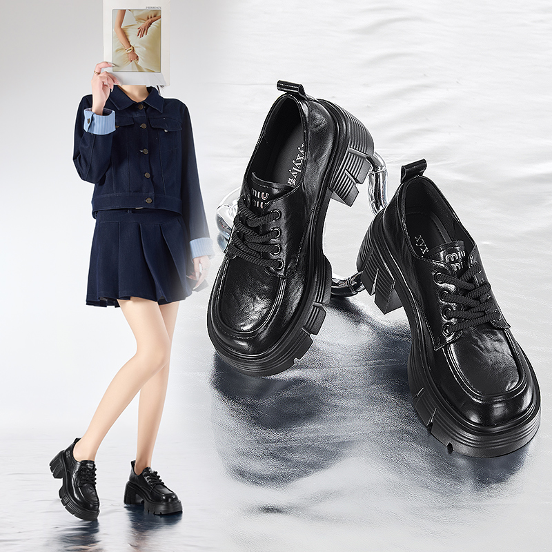 香香莉厚底粗跟系带小皮鞋女2025年新款时尚百搭学院风单鞋029015