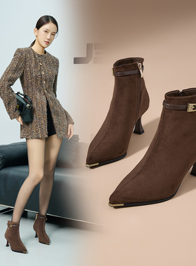 软皮细跟时装靴女2025年新款欧美风高跟显瘦短靴香香莉秋冬032271