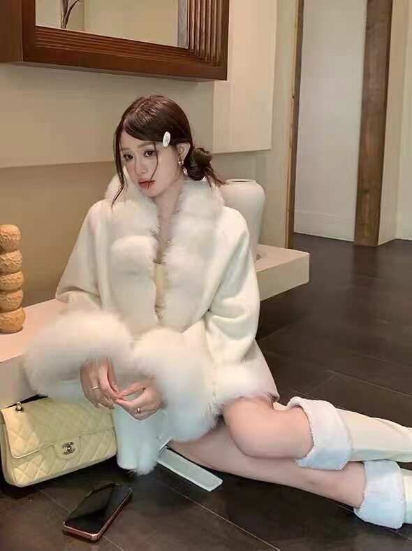 韩国定制狐狸毛领双面羊毛呢子2026新款毛呢大衣中长款外套女秋冬
