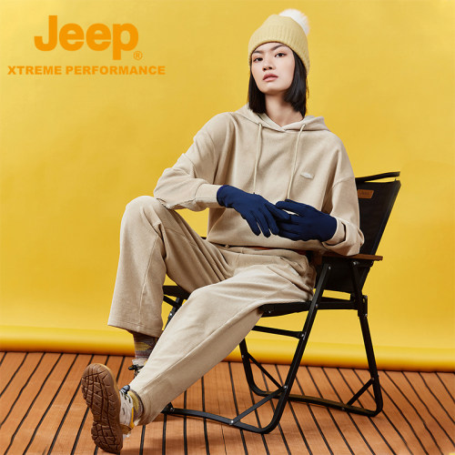 Jeep吉普灯芯绒连帽针织衫套装女