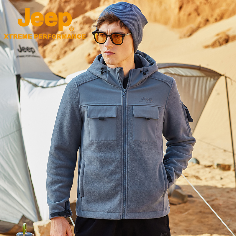 Jeep连帽摇粒绒抓绒衣男