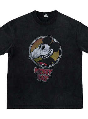 水洗做旧磨破米qi卡通印花宽松小领口美式重磅短袖T恤男vintage棉