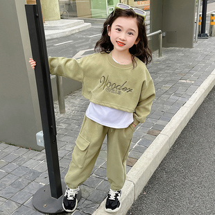 儿童韩版 女童春装 2024新款 洋气女宝宝春季 字母套装 时髦卫衣三件套