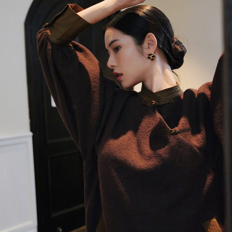 新中式连衣裙毛呢裙女2024年秋冬新款宽松显瘦内搭打底羊毛裙长款