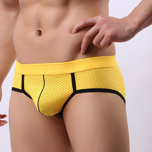 新款纯色网孔男士内裤三角裤U凸透气网孔冰丝潮锦纶中腰男生裤头