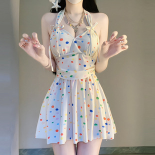 新款 纯欲露背温泉乐园游泳衣 波点挂脖泳衣女性感收腰连体泳装