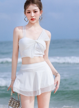 网红纯欲风白色裙式分体泳衣女款夏两件套仙显瘦遮肚高级感泡温泉