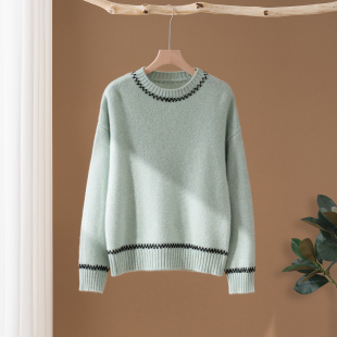 宽松三股线毛衣重工手绣打底衫 女圆领针织衫 100%山羊绒衫 秋冬新款