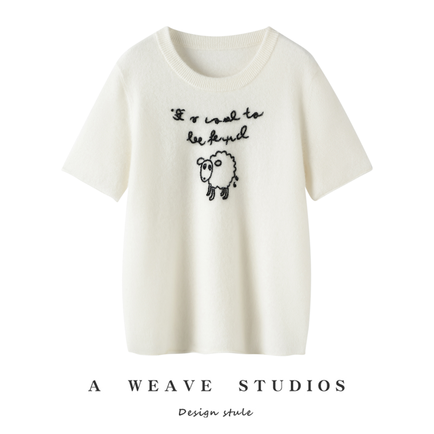 25秋冬新款100%纯山羊绒女圆领套头短袖针织衫刺绣小羊打底衫毛衣