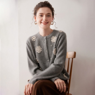 2025秋冬100%纯山羊绒衫女开衫加厚立体花朵针织毛衣外套保暖毛衫