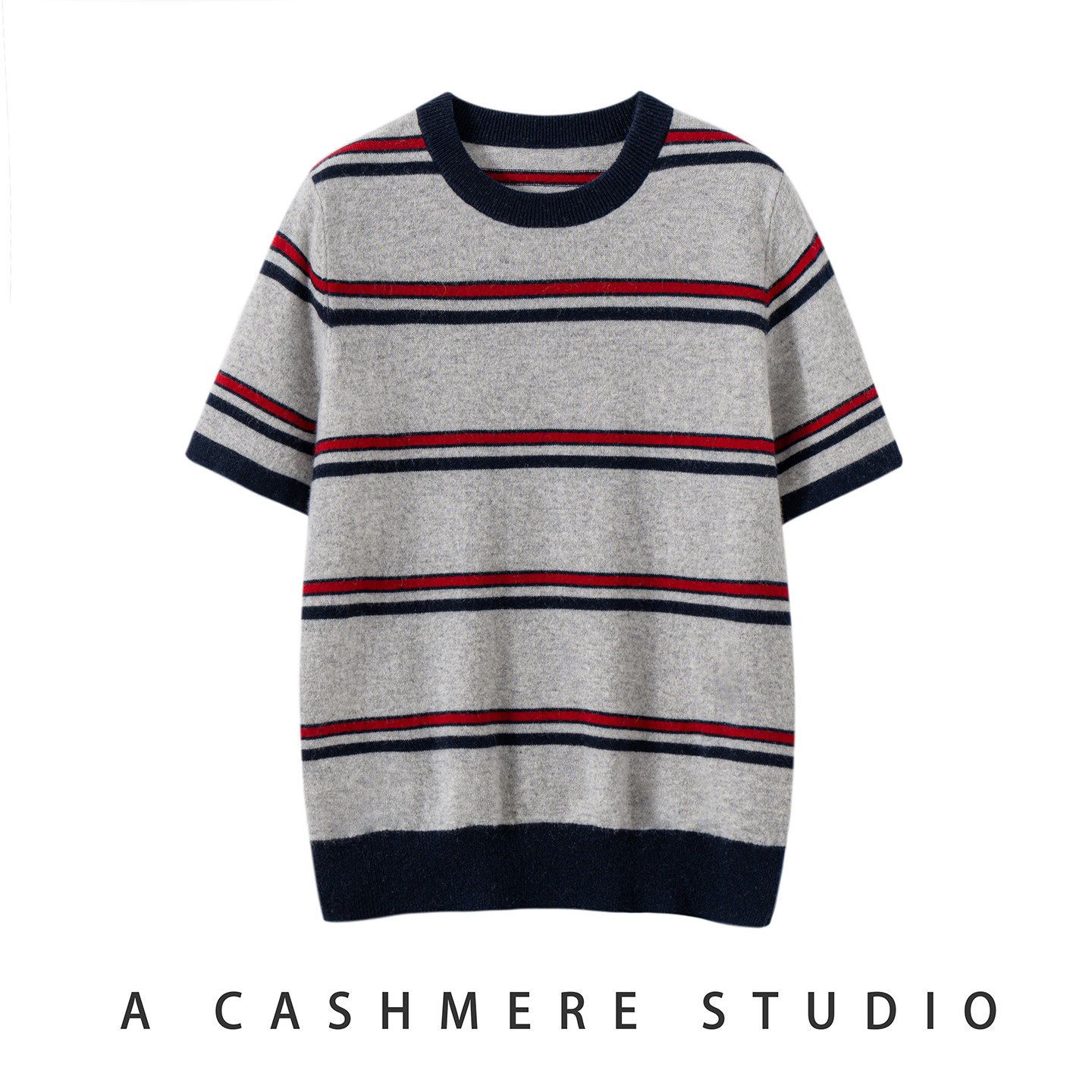 秋冬新款100纯山羊绒衫女圆领T恤条纹拼色通勤百搭针织打底衫短袖,女装/女士精品,羊绒衫,淘宝优惠券,粉丝福利购,淘宝优惠卷