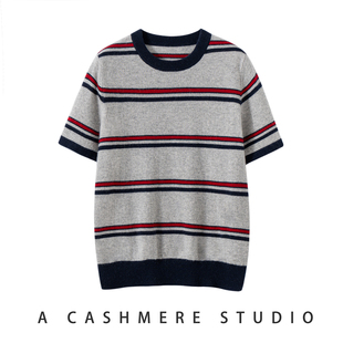秋冬新款100纯山羊绒衫女圆领T恤条纹拼色通勤百搭针织打底衫短袖