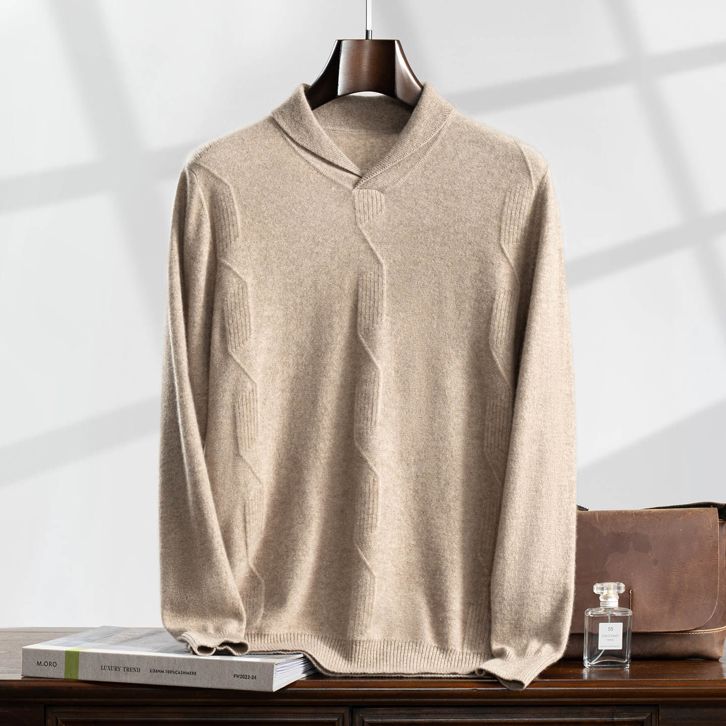 秋冬新款100%山羊绒衫青果领针织衫男纯色上衣宽松套头打底衫毛衣